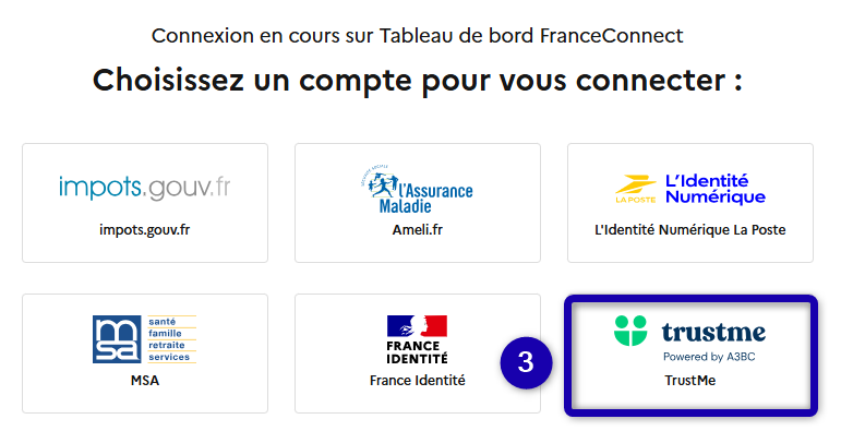 Étape 3 : sélection de TrustMe parmi les fournisseurs d'identité