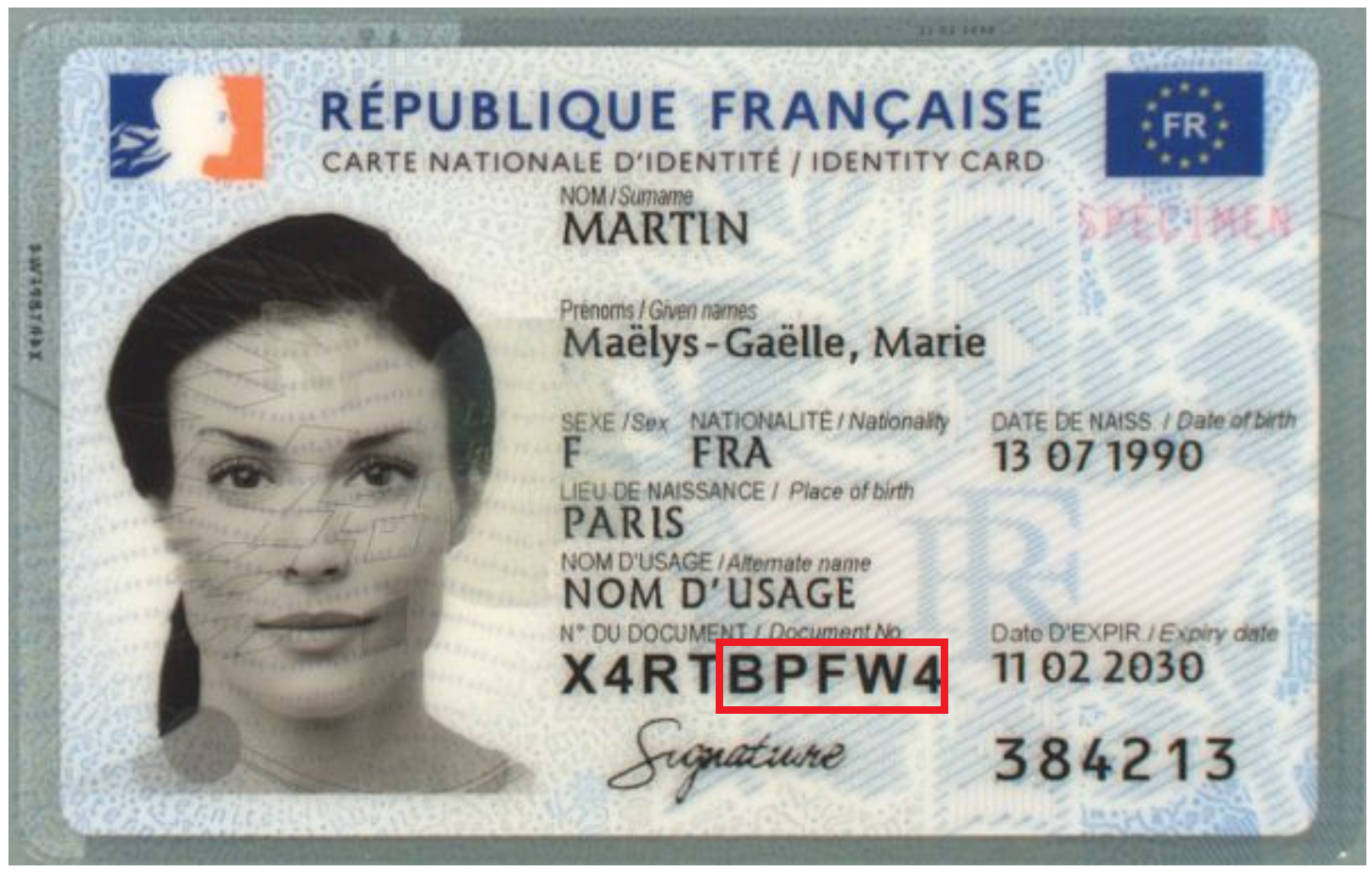 Exemple de carte d'identité avec nom d'usage