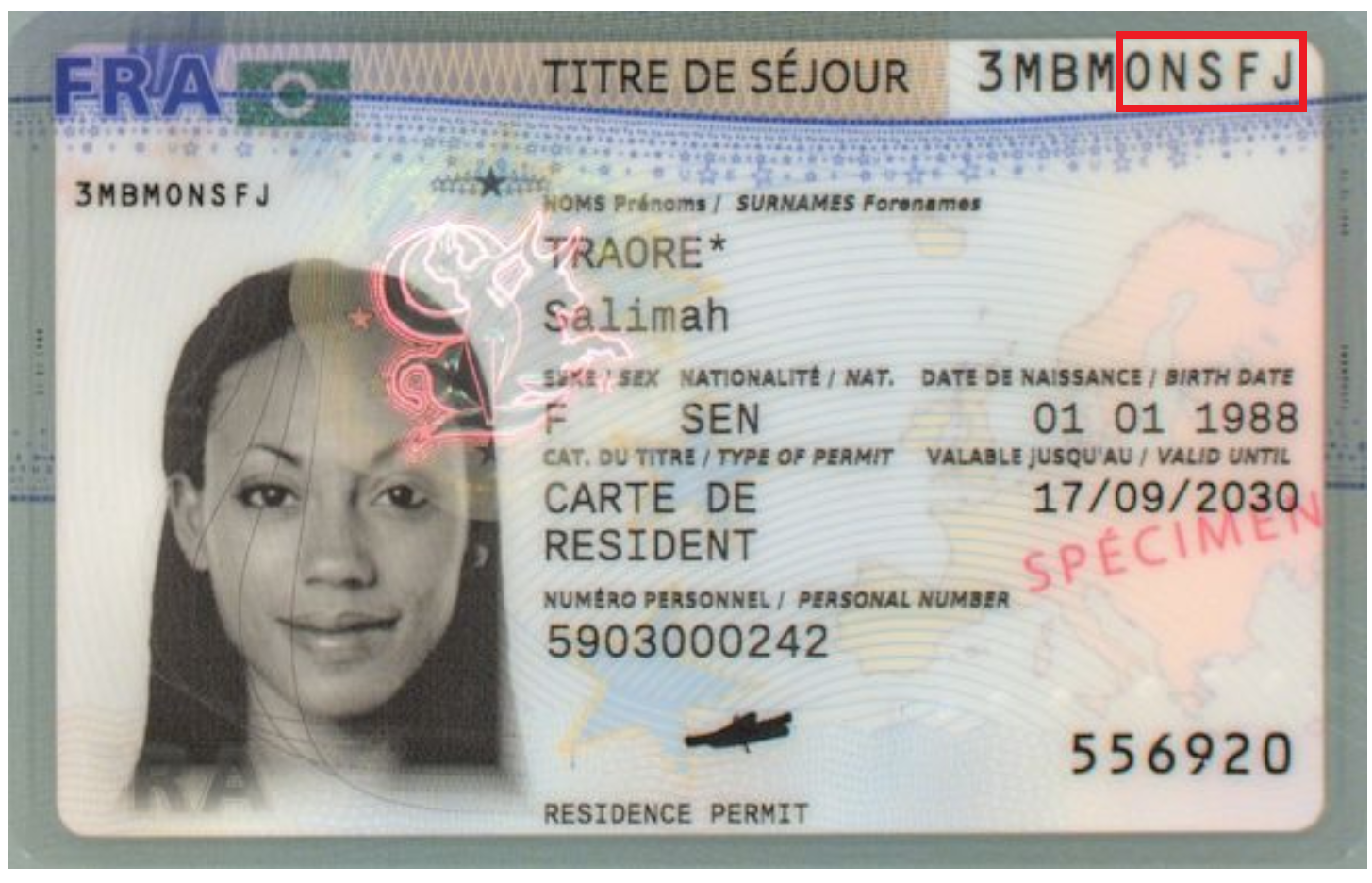 Exemple de titre de séjour français